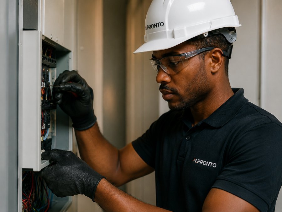 Técnico N.Pronto a verificar instalação eléctrica no campo