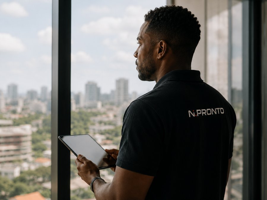 Técnico N.Pronto junto a janela com vista urbana e tablet
