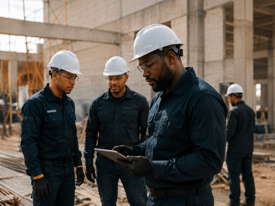 Equipa de obra N.Pronto com capacetes a coordenar intervenção