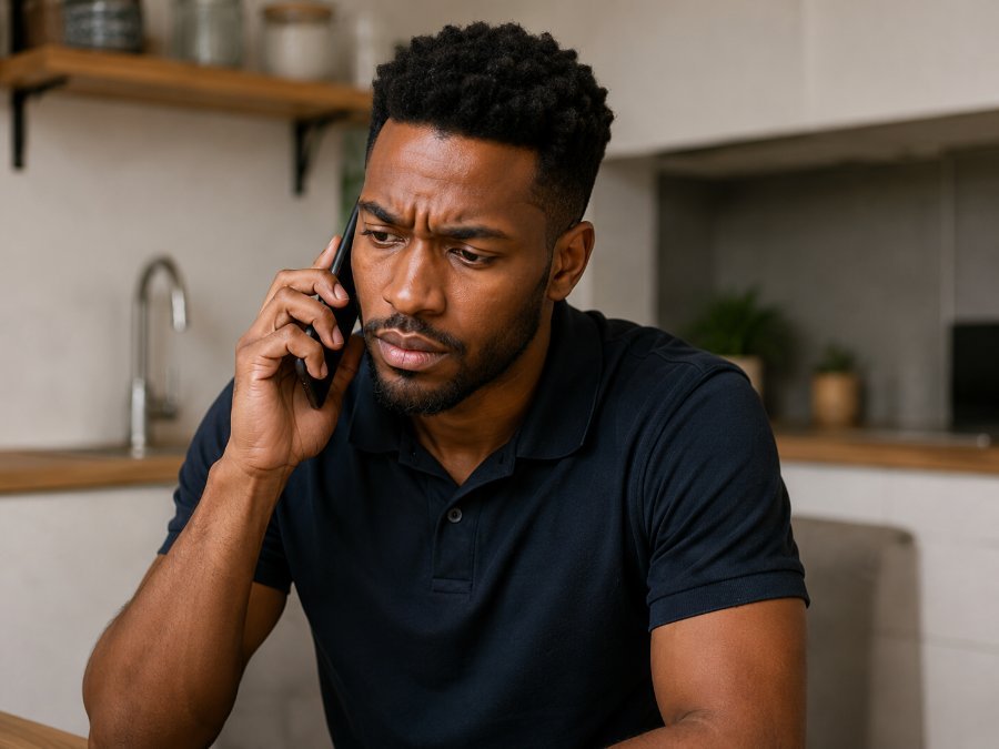 Particular preocupado a falar ao telefone em casa