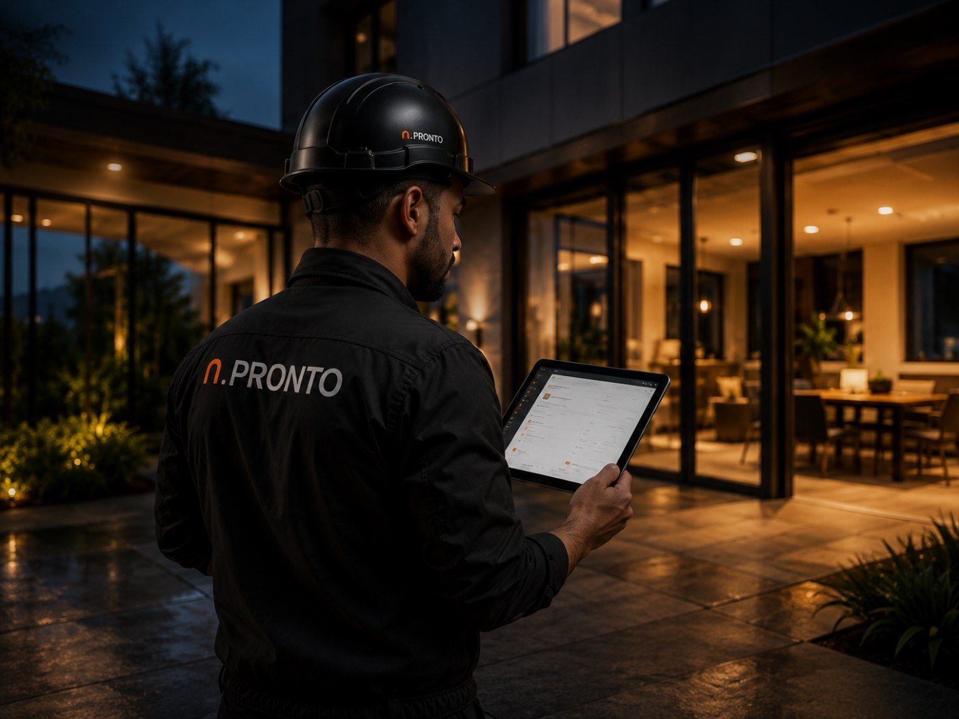 Técnico N.Pronto com capacete a consultar tablet junto de um imóvel iluminado