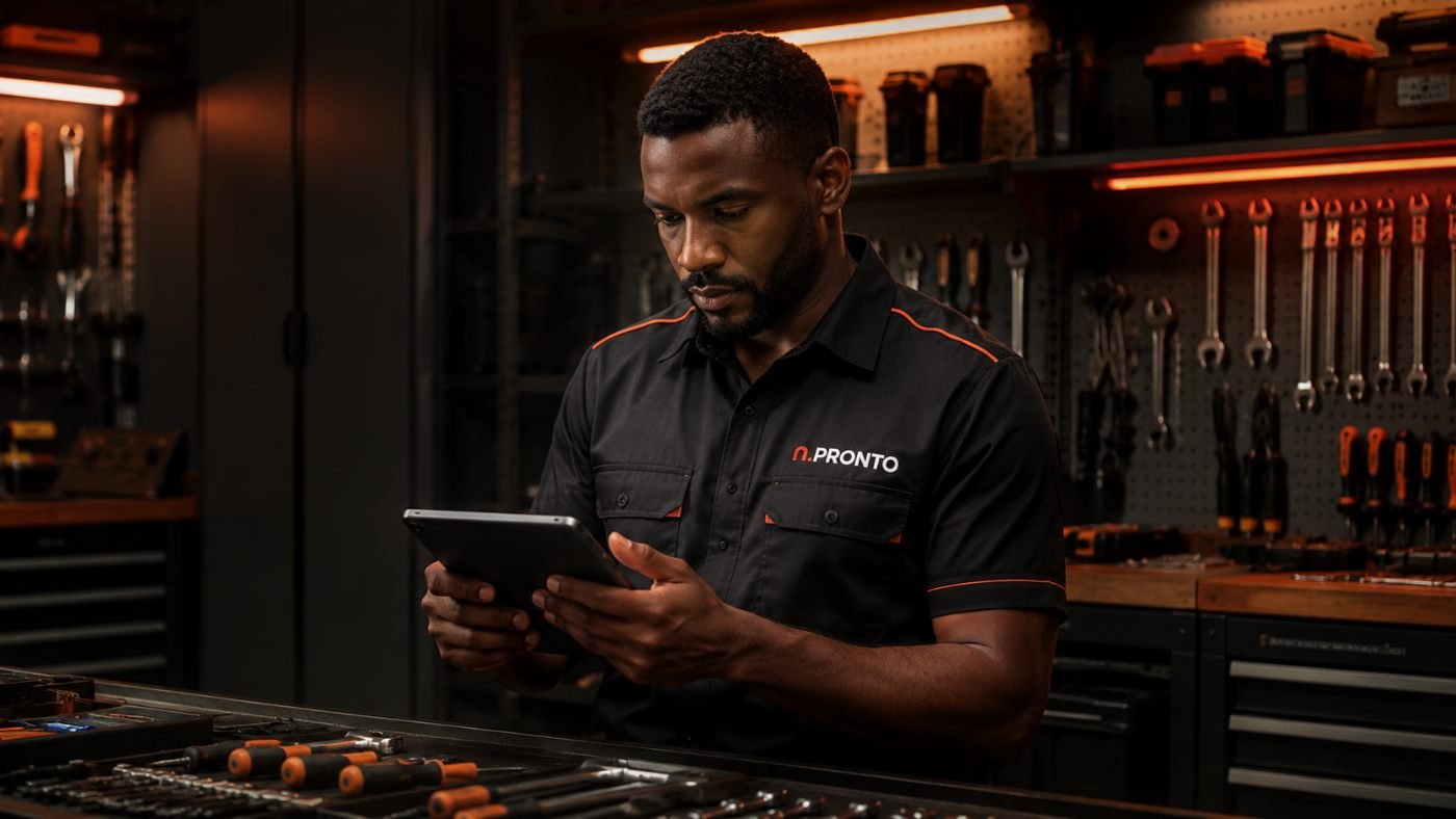 Técnico N.Pronto com tablet numa oficina