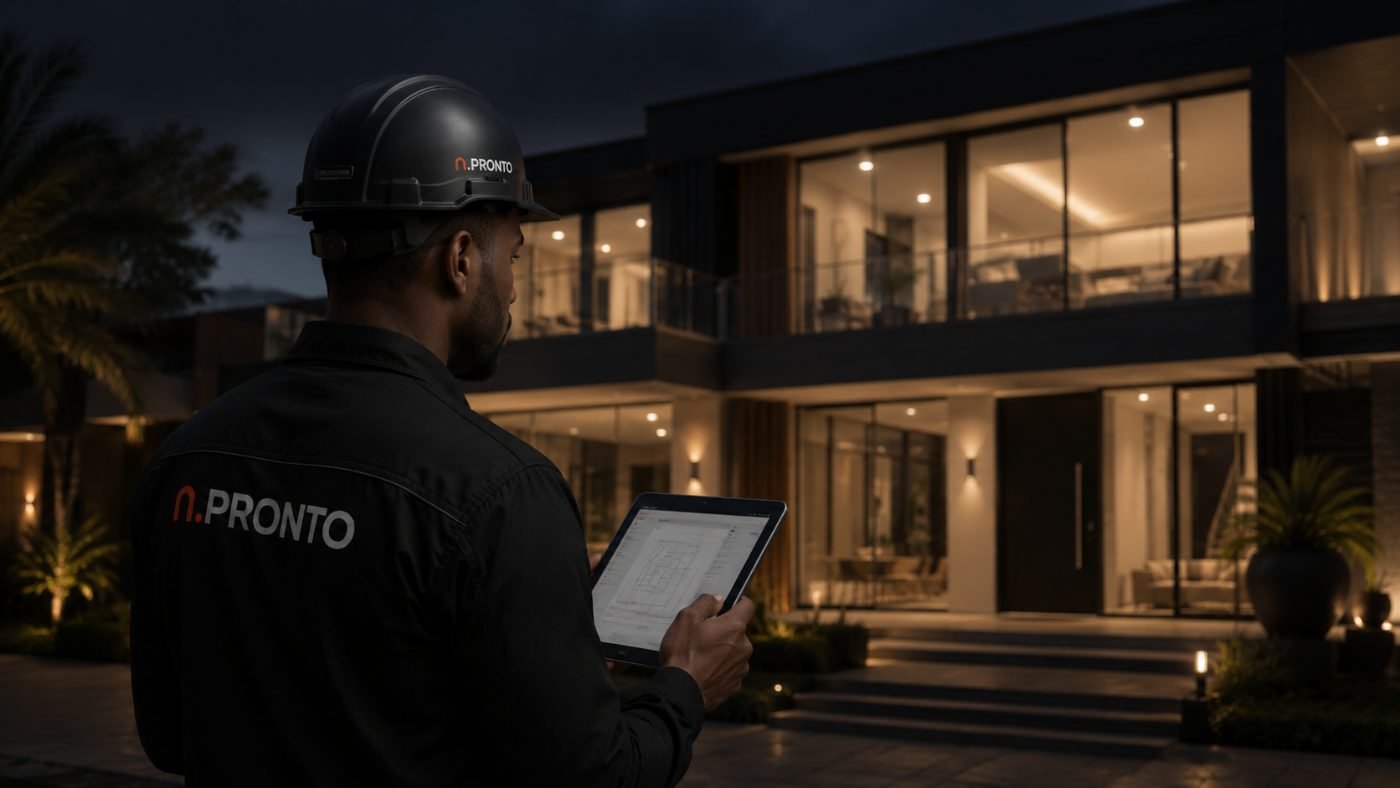 Técnico N.Pronto com tablet em frente a imóvel